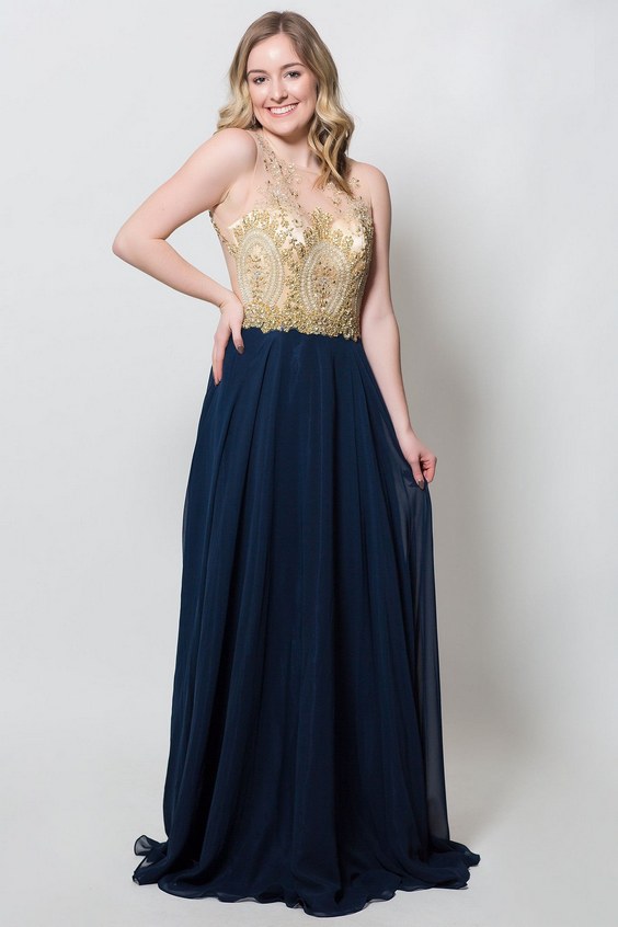 navy blue and gold gown