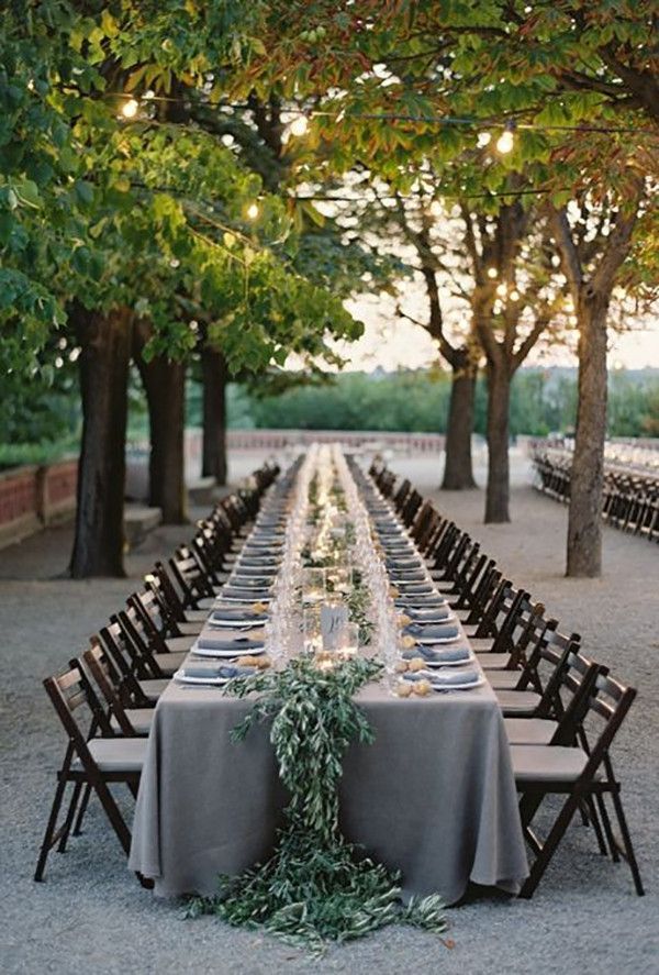 gray wedding table and greenery wedding cake Hi Miss Puff